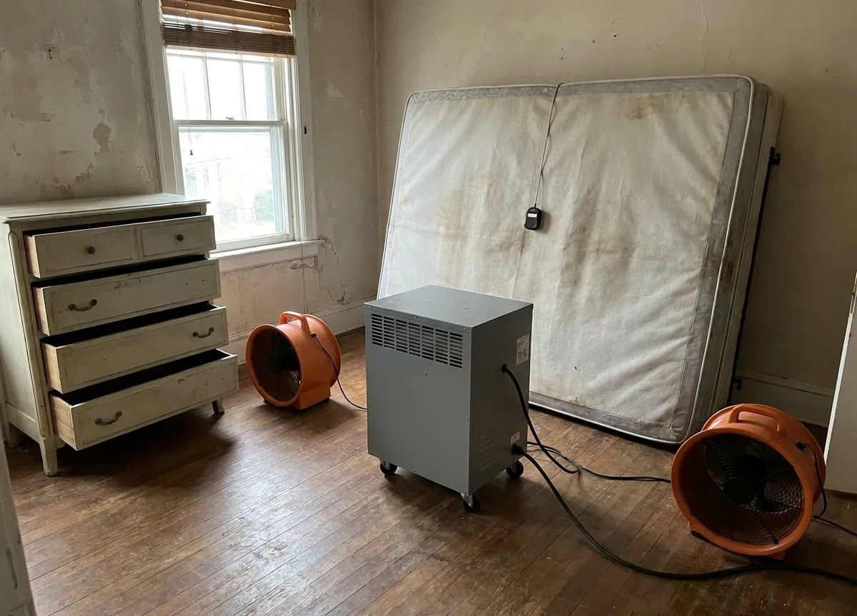 Bedroom set up for bed bug heat treatment with an electric heater, air movers and the mattress stood on edge