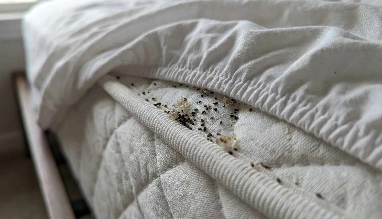 Dark spotting and shed skins along a mattress seam, typical signs of bed bugs
