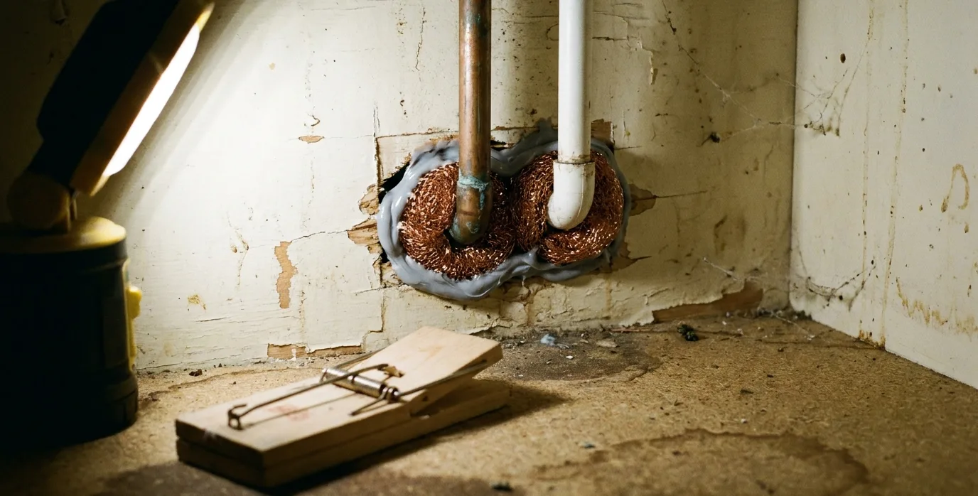 Gaps around pipes under a kitchen sink sealed with copper mesh, with a snap trap on the cabinet floor