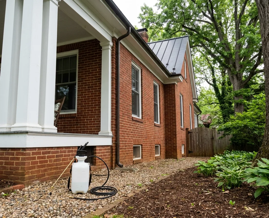 Pump sprayer set beside the brick foundation of a Charlottesville home before a perimeter pest treatment