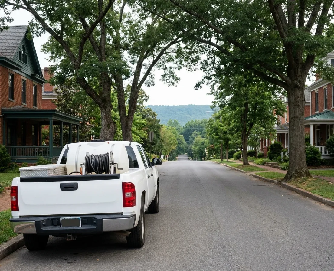 White work truck with a spray tank and hose reel parked on a tree-lined Charlottesville street