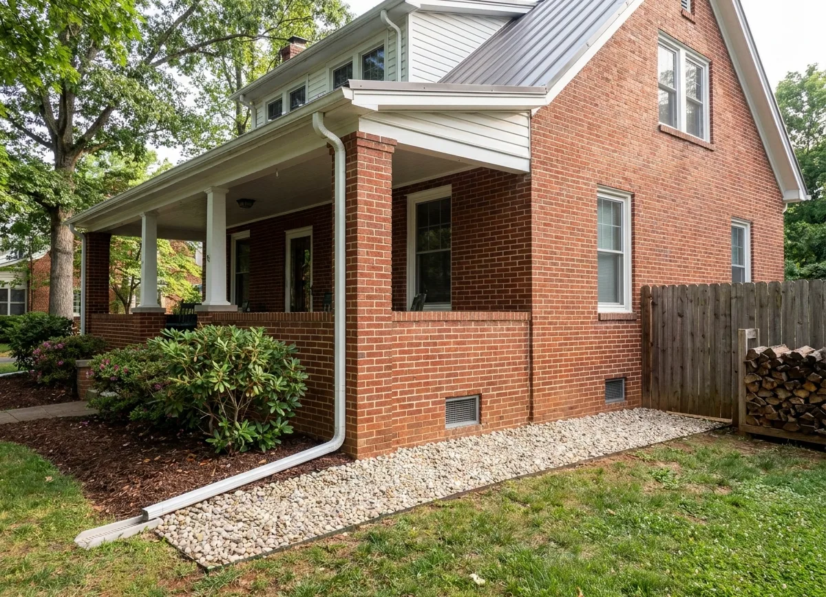 Brick foundation in Charlottesville, VA kept clear with a gravel strip, set-back mulch and a downspout extension