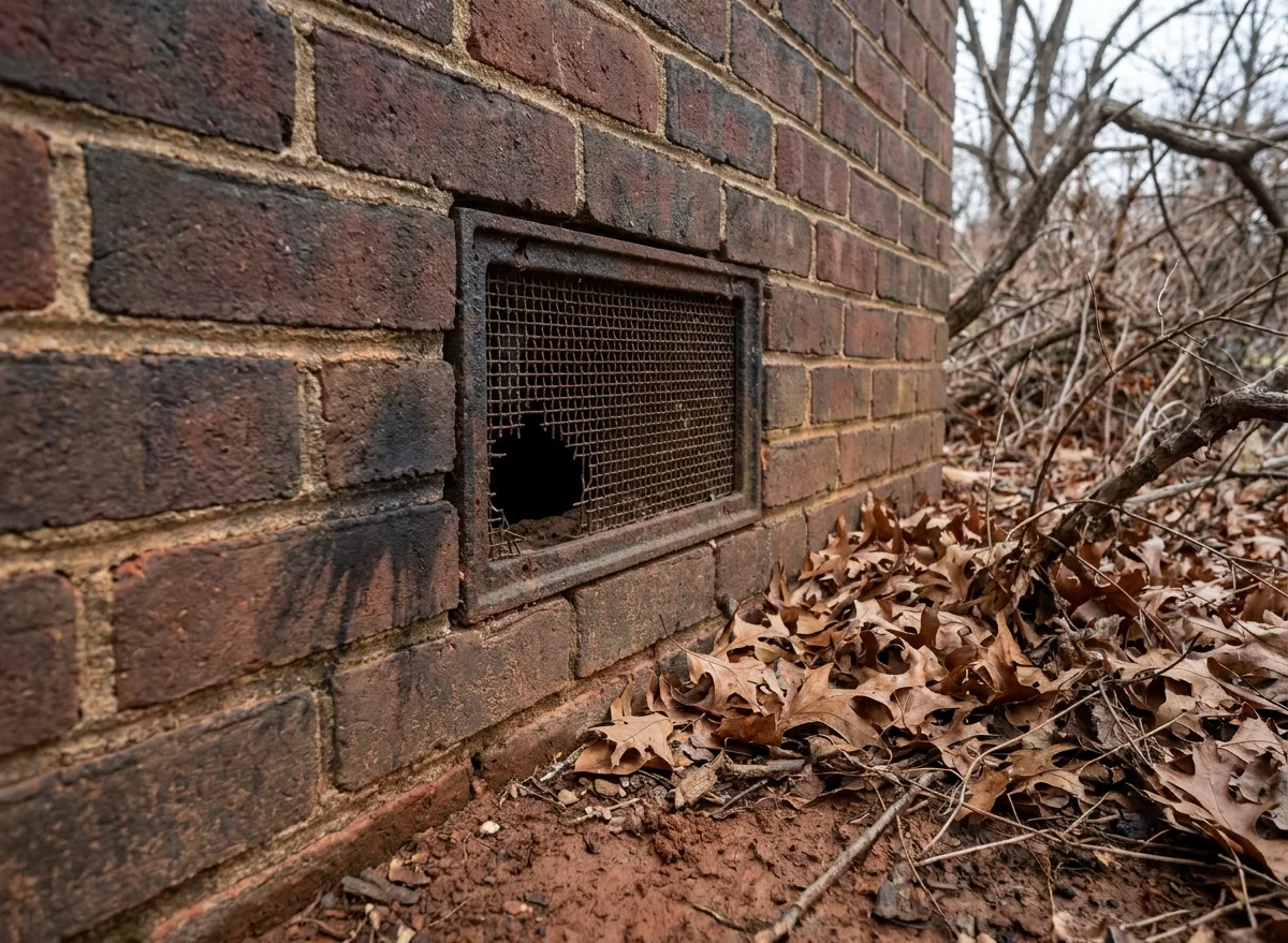 Torn screen on a crawl-space vent in a brick foundation, a common rodent entry point
