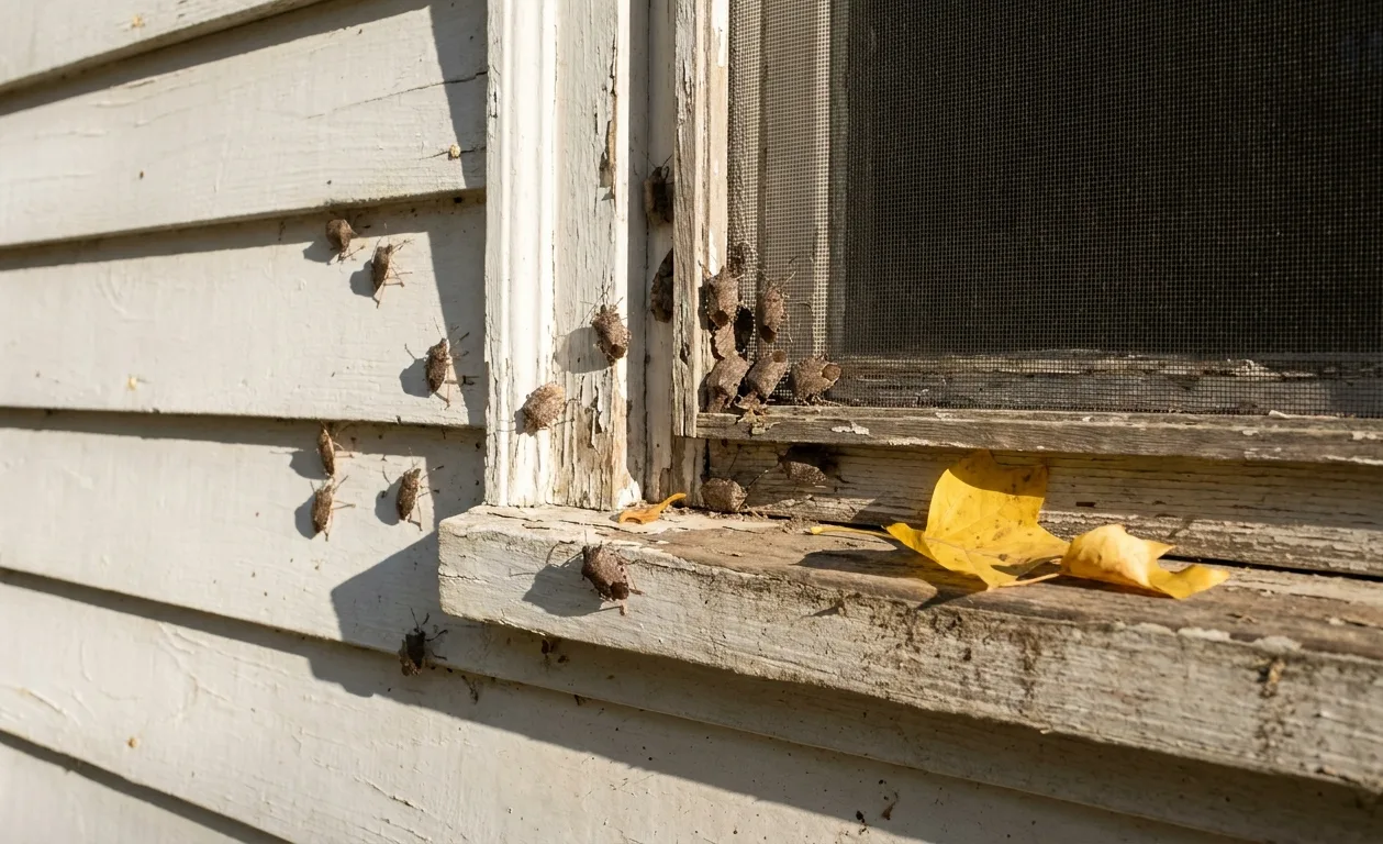 Brown marmorated stink bugs gathered on sunlit clapboard siding and a window frame in October