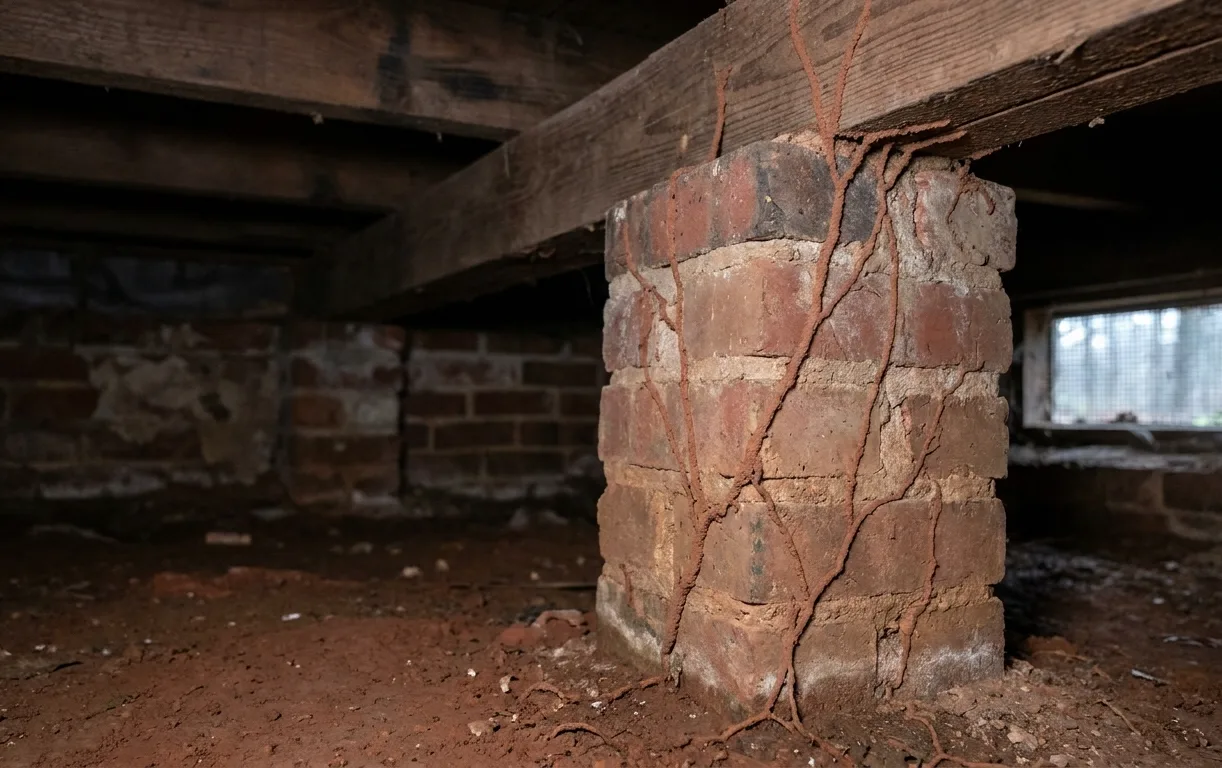 Subterranean termite mud tubes climbing a brick pier to the floor beam in a crawl space