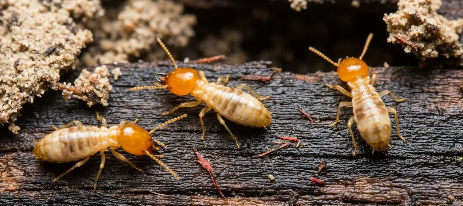 Close-up of subterranean termites on damp, damaged wood