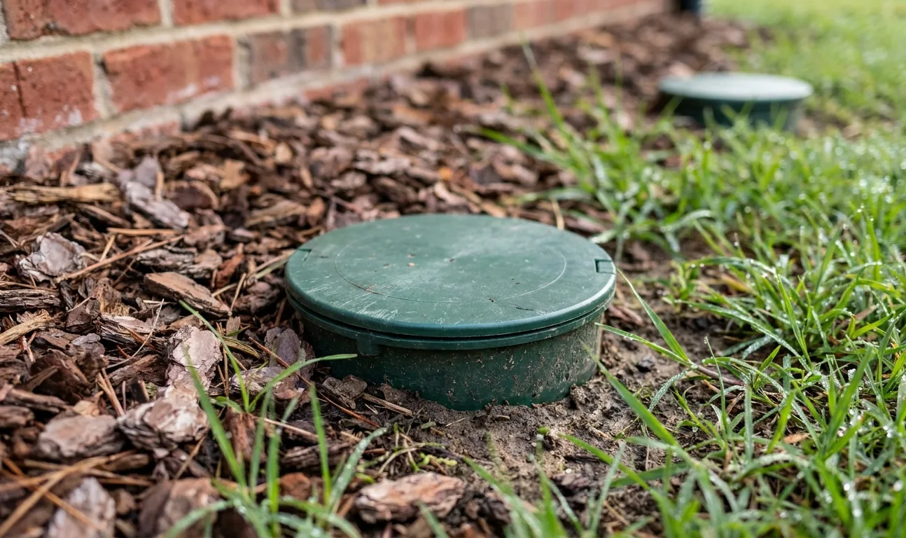 In-ground termite bait station set flush with the soil beside a brick foundation