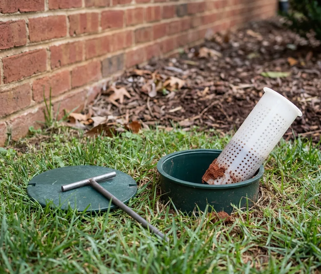 In-ground termite bait station opened for a service check beside a brick foundation in Charlottesville, VA