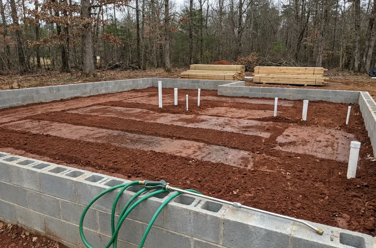 New house foundation in central Virginia with graded soil treated ahead of the slab pour