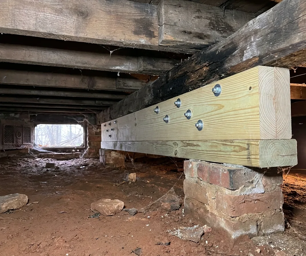 New lumber bolted alongside a termite-damaged floor joist on a brick pier in a crawl space