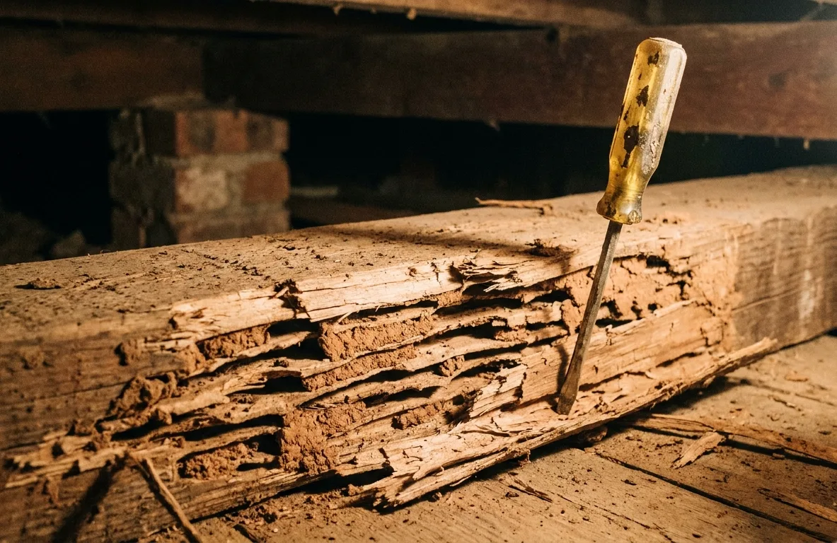 Floor joist hollowed out by subterranean termites, probed with a screwdriver