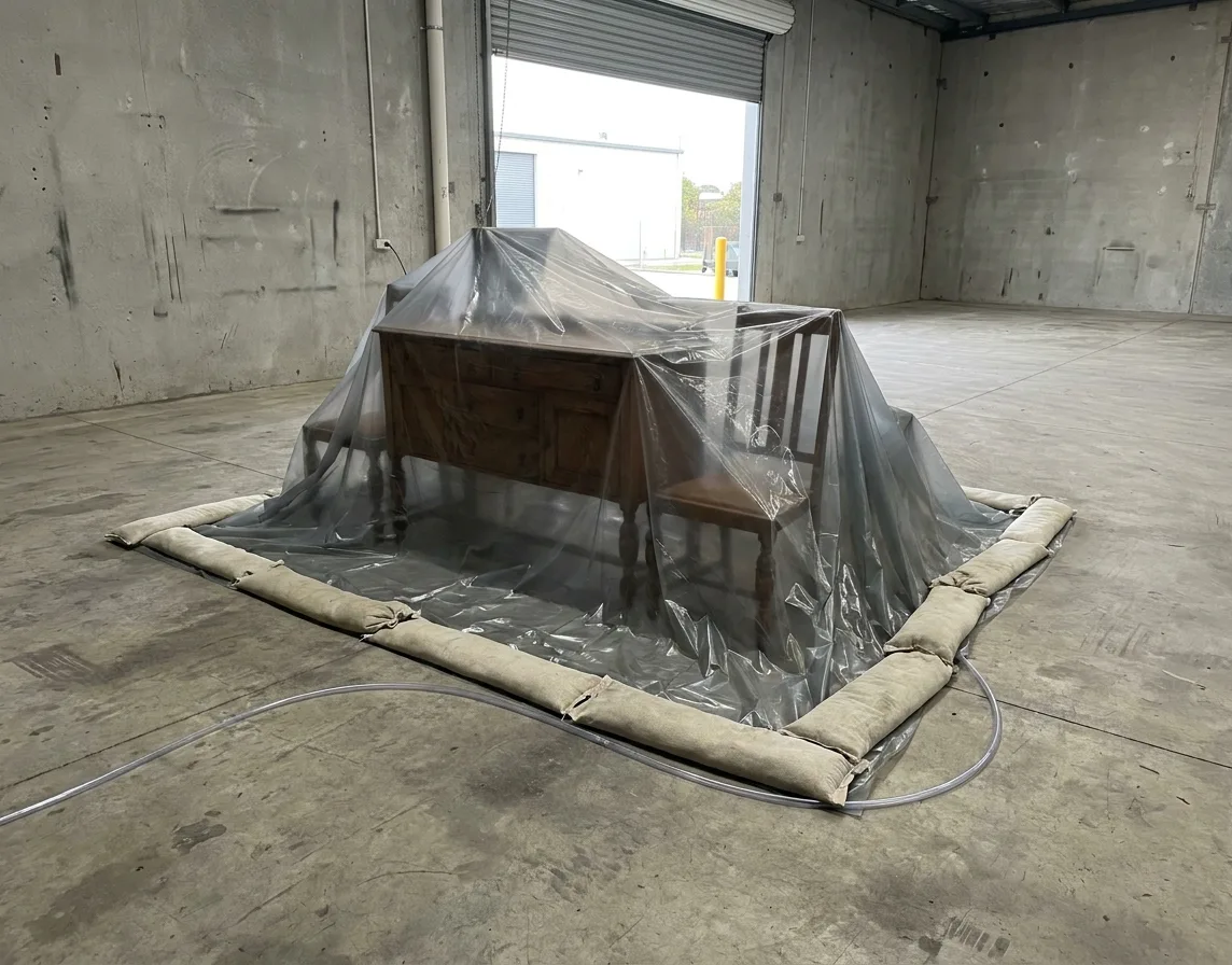 Antique wooden furniture sealed under a fumigation tarp in a workshop