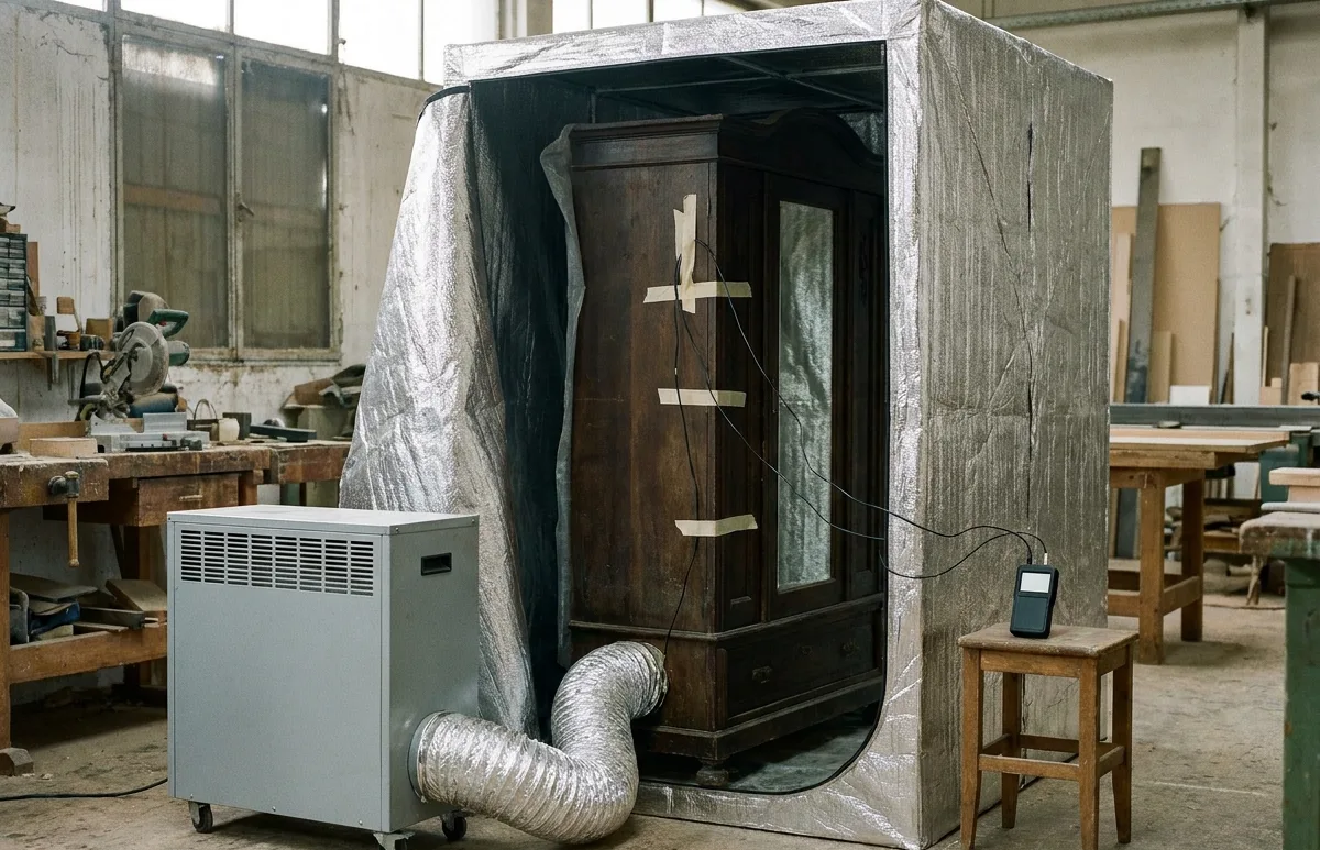 Antique wooden wardrobe inside an insulated heat treatment enclosure with temperature probes attached