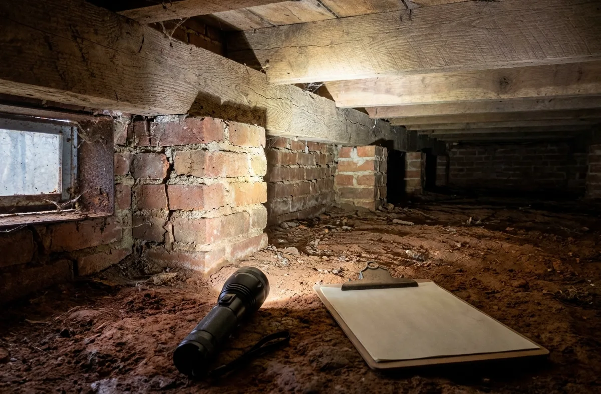 Flashlight and clipboard in a crawl space, lighting the brick foundation, sill plate and floor joists