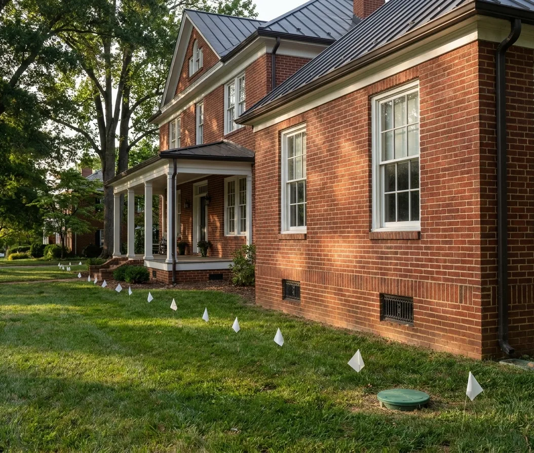 Marker flags showing termite monitoring station positions around a brick house in Charlottesville, VA