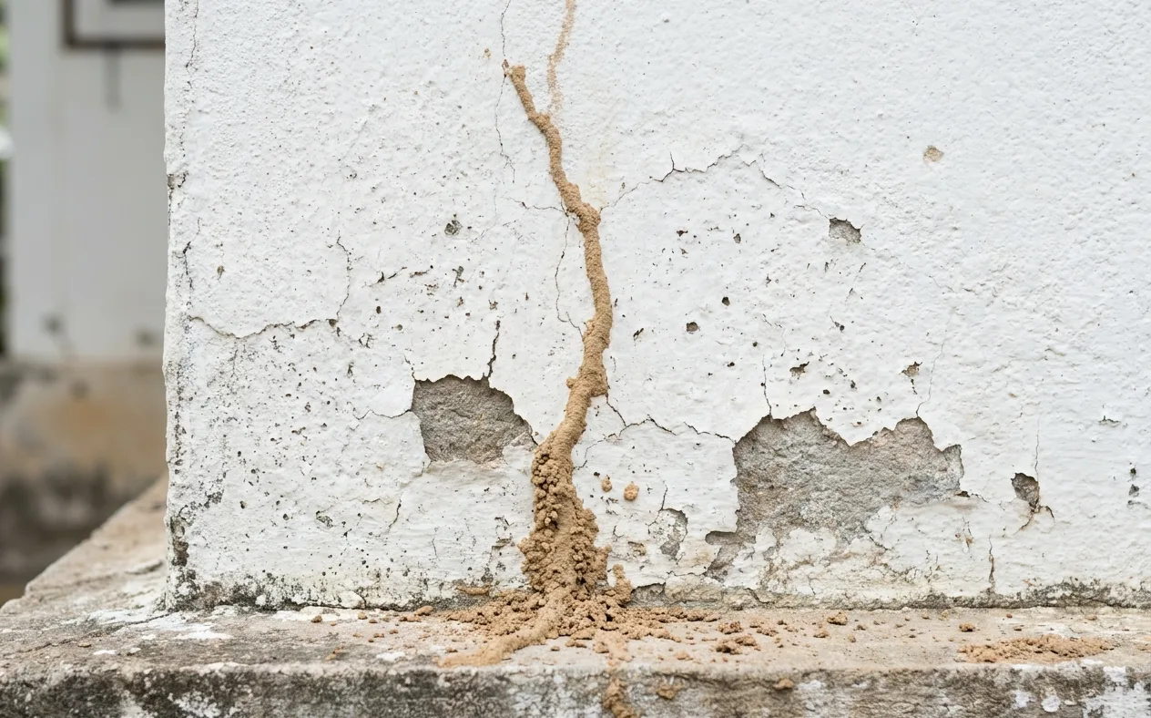 Termite mud tube running up a white painted foundation wall