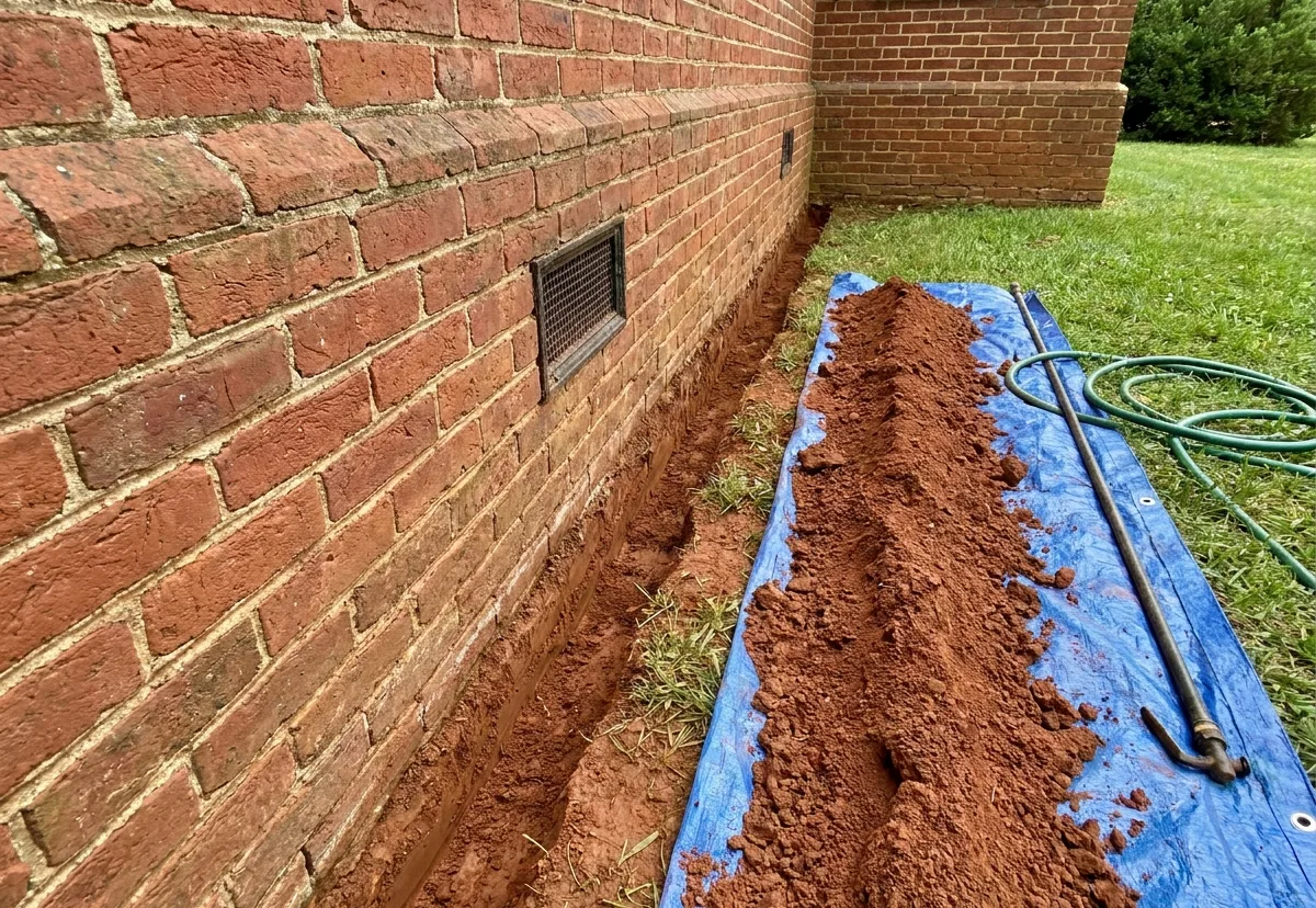 Treatment trench dug in red clay along the brick foundation of a house, with a treating rod and hose