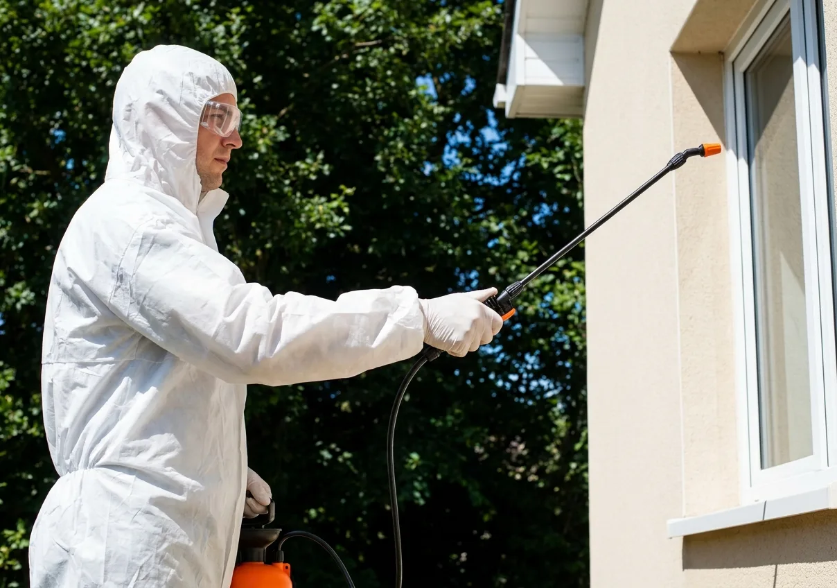 Technician in a white protective suit and goggles spraying the outside wall of a house